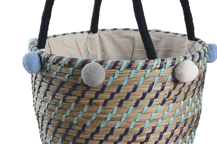DKD Home Decor Cesta Mediterraneo Multicolor Set de 3 Piezas 43 x 43 x 43 cm Seagrass Poliester Pompones Hecho a mano