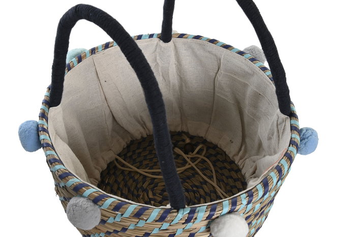 DKD Home Decor Cesta Mediterraneo Multicolor Set de 3 Piezas 43 x 43 x 43 cm Seagrass Poliester Pompones Hecho a mano