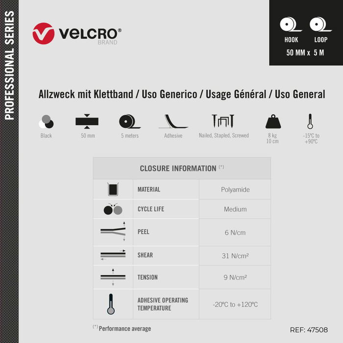 Velcro® Cinta de Cierre Ultrafuerte Adhesiva Negra 50 mm x 5 m para Sujeción de Cargas Pesadas