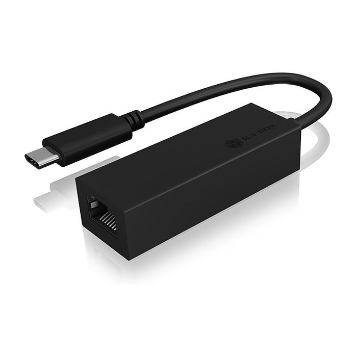 ICY BOX IB-LAN100-C3 Adaptador USB-C a Gigabit LAN Ethernet para Laptop Ordenador PC, 1 Gbit/s, Plug and Play, Negro