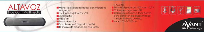 AVANT CONNECT Altavoz Multimedia Bluetooth, Radio FM, USB, MicroSD, Aux, Manos Libres, Batería 1000 mAh