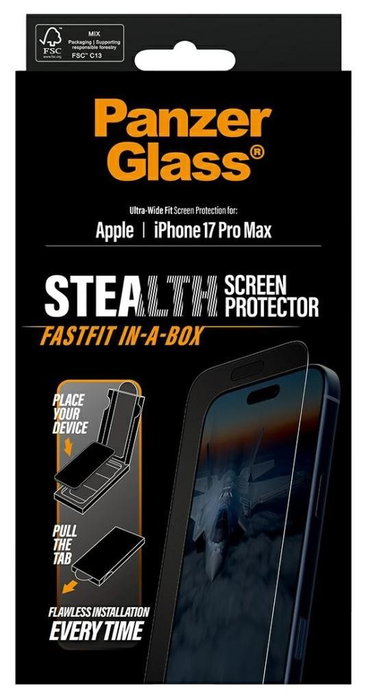 PanzerGlass Stealth Screen Protector con marco negro para iPhone 17 Pro Max