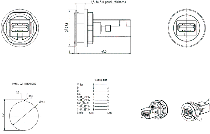 HARTING Conector hembra USB har-port 22mm negro