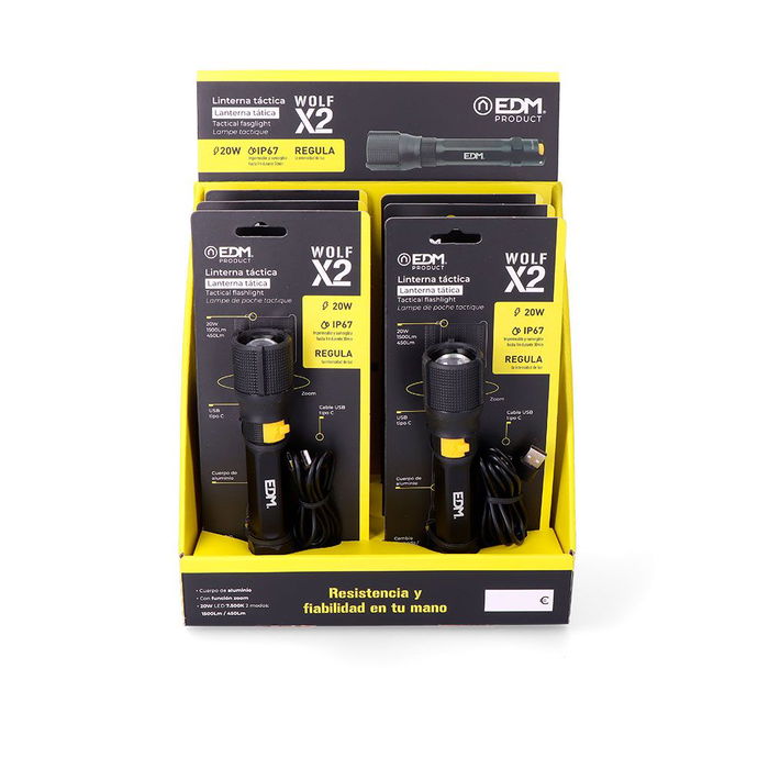 EDM Linterna Táctica Recargable LED 20W 1500 Lúmenes, Zoom, IP67 Sumergible, Batería 2600mAh USB-C, 8h Autonomía, Ø4.0 x 17.8 cm EDM Linterna Táctica Recargable LED 20W 1500 Lúmenes, Zoom, IP67 Sumergible, Batería 2600mAh USB-C, 8h Autonomía, Ø4.0 x 17.8 cm