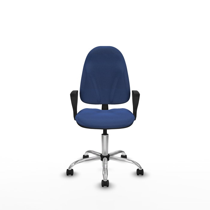 Silla de oficina Algarra con mecanismo Contacto permanente básico tapizada con Tela color Azul marino. Equipada con Base cromada, Brazos fijos y Ruedas autofrenantes
