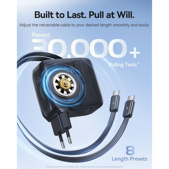Baseus E0121D00 Cargador de 67W con 3 puertos USB Tipo C y cable retráctil, Negro