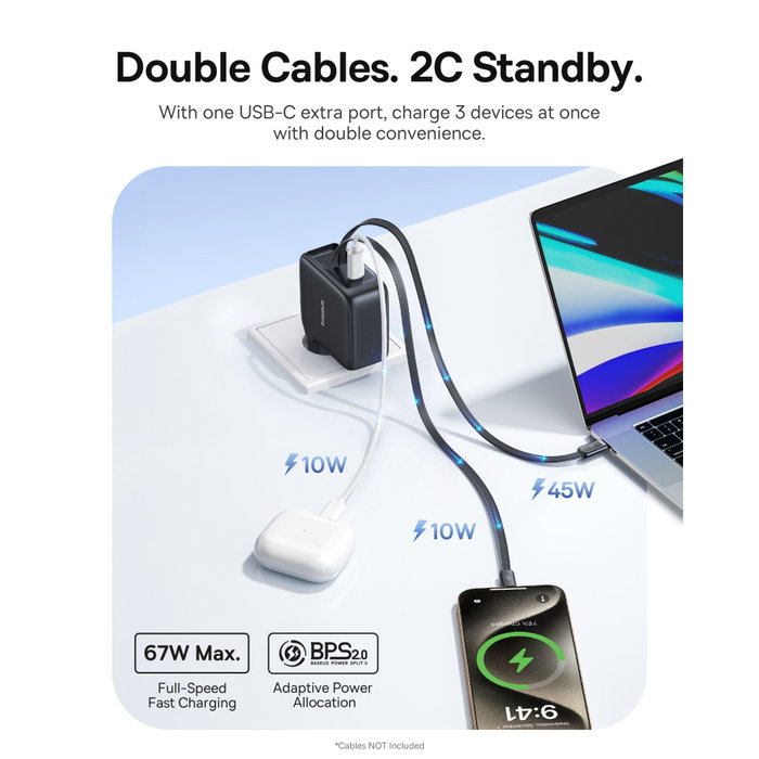 Baseus E0121D00 Cargador de 67W con 3 puertos USB Tipo C y cable retráctil, Negro