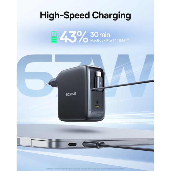 Baseus E0121D00 Cargador de 67W con 3 puertos USB Tipo C y cable retráctil, Negro