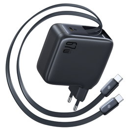 Baseus E0121D00 Cargador de 67W con 3 puertos USB Tipo C y cable retráctil, Negro