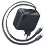 Baseus E0121D00 Cargador de 67W con 3 puertos USB Tipo C y cable retráctil, Negro