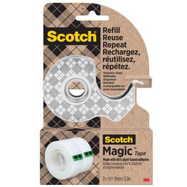 Scotch Dispensador Recargable de Acero Inoxidable para Cinta Adhesiva Incluye 2 Rollos Scotch Magic de 19 mm x 13.9 m - 66% Base de Plantas y Material Renovable