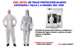 3M Traje de Protección Blanco Categoría I Talla L Ref. 4500