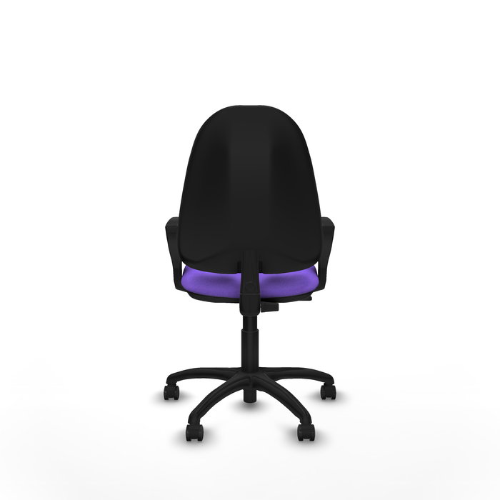 Silla de oficina Algarra con mecanismo Contacto permanente básico tapizada con Tela color Lila. Equipada con Base poliamida negra, Brazos fijos y Ruedas de parqué