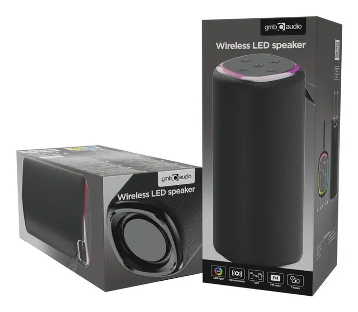 Gembird SPK-BT-LED-08L Altavoz Portátil para Fiestas con Luces LED RGB, Bluetooth 5.3, 10W, Radio FM, Entrada microSD/USB, Micrófono y Batería Recargable