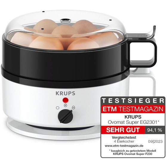 Krups EG 230115 Ovomat Super - Hervidor de huevos para 7 unidades, temporizador giratorio, alarma, plástico, color blanco