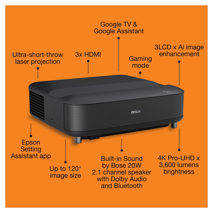 Epson EH-LS670B Proyector 4K Láser, 3600 lúmenes ANSI, Ultra HD 3840x2160, Google TV, Wi-Fi, Bluetooth, Negro - Proyector de Cine en Casa