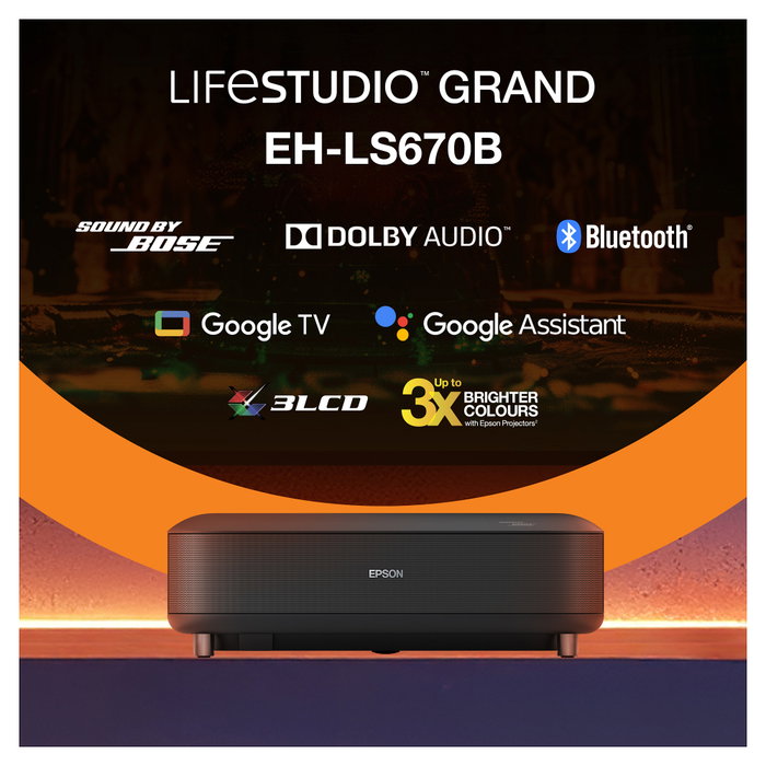Epson EH-LS670B Proyector 4K Láser, 3600 lúmenes ANSI, Ultra HD 3840x2160, Google TV, Wi-Fi, Bluetooth, Negro - Proyector de Cine en Casa