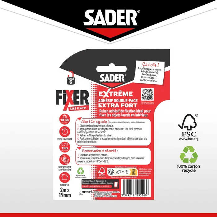 Sader - Adhesivo de Doble Cara Extra Fuerte, 2 m x 19 mm, Blanco, Soporta hasta 10 kg, Fijación sin Taladrar para Uso Interior, AAAVH55022