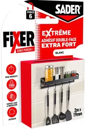 Sader - Adhesivo de Doble Cara Extra Fuerte, 2 m x 19 mm, Blanco, Soporta hasta 10 kg, Fijación sin Taladrar para Uso Interior, AAAVH55022