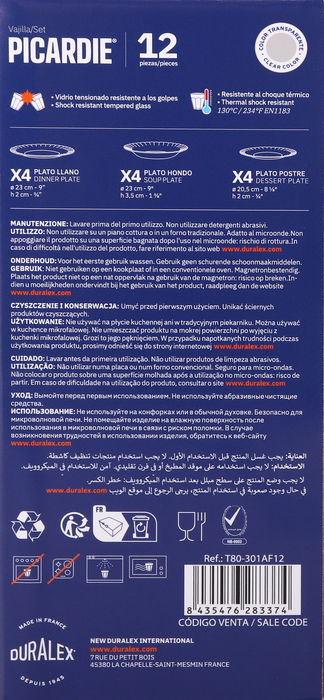 Duralex Vajilla Transparente 12 Piezas Cristal Templado Duralex Picardie Ambar, Peso 9.60 kg (2 Unidades)