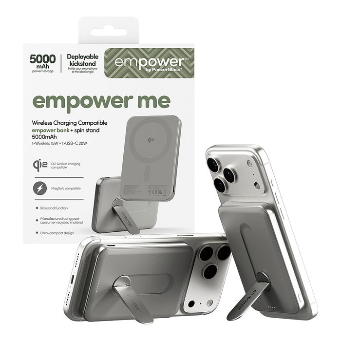 PanzerGlass Empower Bank con Spin Stand - Batería Portátil Inalámbrica 5000mAh, Carga Rápida 20W, Compatible con MagSafe, Cargador 15W, Color Titanio