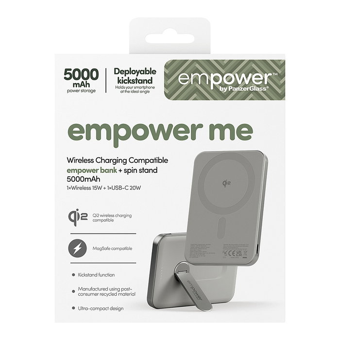PanzerGlass Empower Bank con Spin Stand - Batería Portátil Inalámbrica 5000mAh, Carga Rápida 20W, Compatible con MagSafe, Cargador 15W, Color Titanio