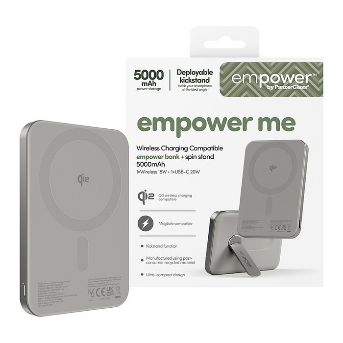 PanzerGlass Empower Bank con Spin Stand - Batería Portátil Inalámbrica 5000mAh, Carga Rápida 20W, Compatible con MagSafe, Cargador 15W, Color Titanio