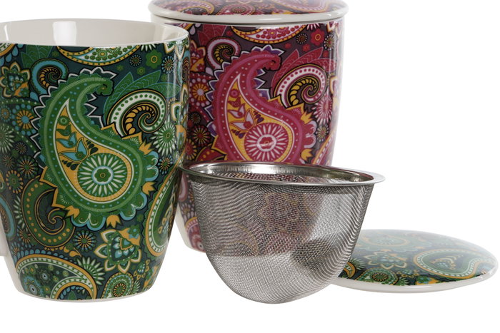 DKD Home Decor Mug Infusiones Moderno Porcelana Inox 340ml Lila Turquesa 6x10.5x8.3cm Apto Microondas Lavavajillas (2 Unidades)