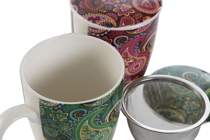 DKD Home Decor Mug Infusiones Moderno Porcelana Inox 340ml Lila Turquesa 6x10.5x8.3cm Apto Microondas Lavavajillas (2 Unidades)