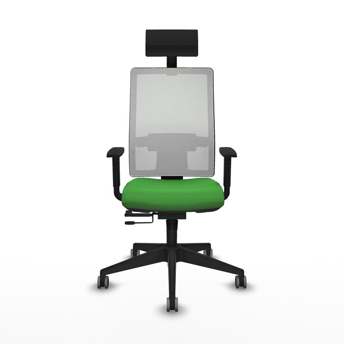 Silla de oficina Horna con mecanismo Sincro/Traslack tapizada con Tela color Verde y malla color Blanco. Equipada con lumbar 1D, Brazos 1D, Cabecero Fijo y Ruedas 65 mm parqué