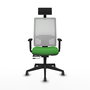 Silla de oficina Horna con mecanismo Sincro/Traslack tapizada con Tela color Verde y malla color Blanco. Equipada con lumbar 1D, Brazos 1D, Cabecero Fijo y Ruedas 65 mm parqué