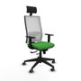 Silla de oficina Horna con mecanismo Sincro/Traslack tapizada con Tela color Verde y malla color Blanco. Equipada con lumbar 1D, Brazos 1D, Cabecero Fijo y Ruedas 65 mm parqué