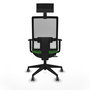 Silla de oficina Horna con mecanismo Sincro/Traslack tapizada con Tela color Verde y malla color Blanco. Equipada con lumbar 1D, Brazos 1D, Cabecero Fijo y Ruedas 65 mm parqué