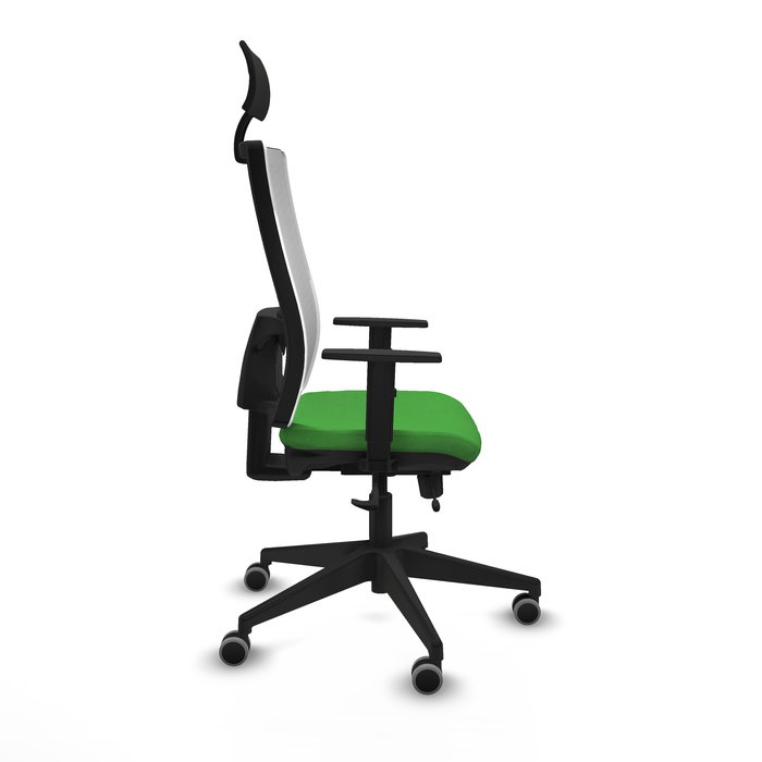 Silla de oficina Horna con mecanismo Sincro/Traslack tapizada con Tela color Verde y malla color Blanco. Equipada con lumbar 1D, Brazos 1D, Cabecero Fijo y Ruedas 65 mm parqué