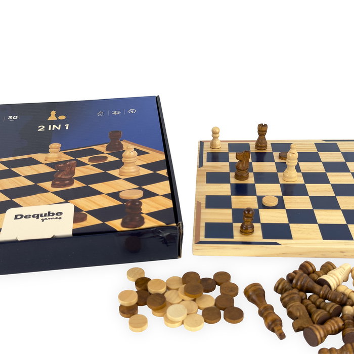 DEQUBE Ajedrez y Damas Doble Juego de Madera FSC D00342 - Set Estratégico Clásico de Madera Certificada (Idiomas: English, Portugués, Español)