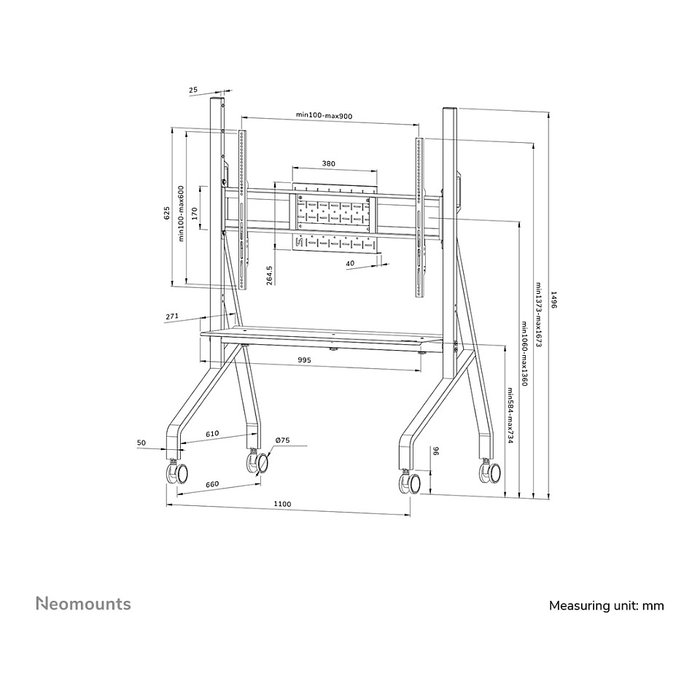 Neomounts FL50-525BL1 Carro TV Móvil con Ruedas para Pantallas de 55 a 86 Pulgadas, Soporte de Suelo, Negro