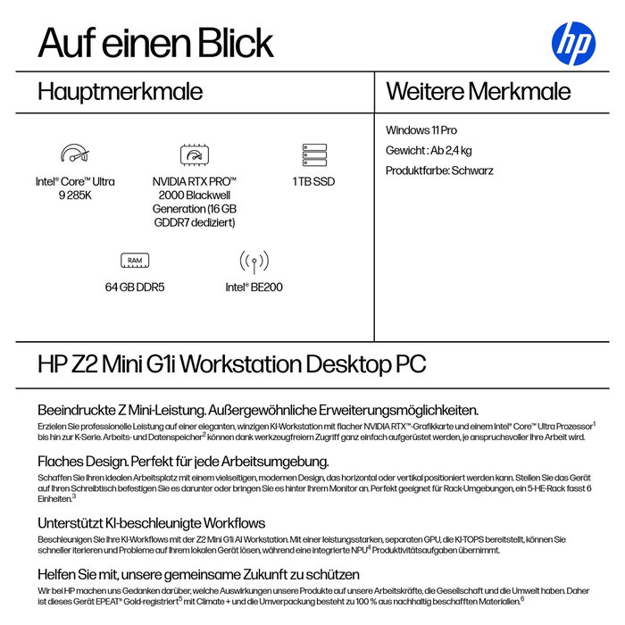 HP Z2 Mini G1i CU9 con 285K, 64GB RAM, 1TB SSD y RTX PRO 2000