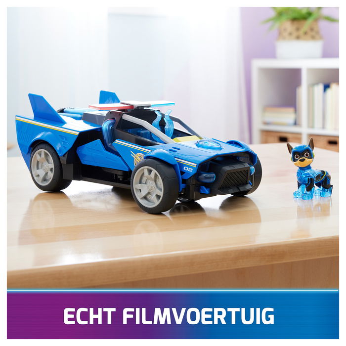 Spin Master PAW Patrol: La Superpelícula - Coche Transformable Deluxe con Figura de Chase - Vehículo Superhéroe con Luces y Sonidos - Ref. 6067497