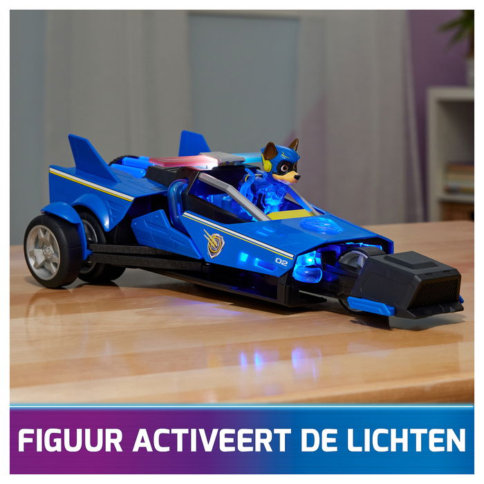 Spin Master PAW Patrol: La Superpelícula - Coche Transformable Deluxe con Figura de Chase - Vehículo Superhéroe con Luces y Sonidos - Ref. 6067497