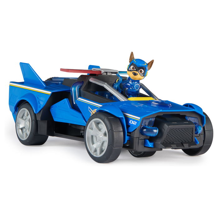 Spin Master PAW Patrol: La Superpelícula - Coche Transformable Deluxe con Figura de Chase - Vehículo Superhéroe con Luces y Sonidos - Ref. 6067497