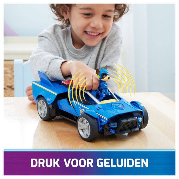 Spin Master PAW Patrol: La Superpelícula - Coche Transformable Deluxe con Figura de Chase - Vehículo Superhéroe con Luces y Sonidos - Ref. 6067497
