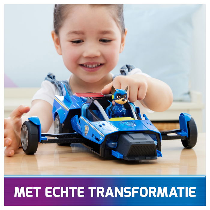 Spin Master PAW Patrol: La Superpelícula - Coche Transformable Deluxe con Figura de Chase - Vehículo Superhéroe con Luces y Sonidos - Ref. 6067497