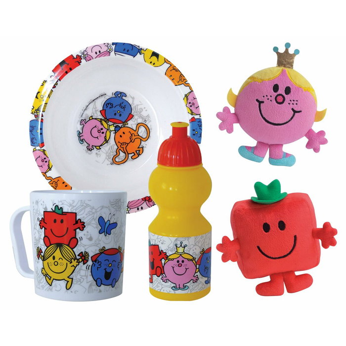 Fun House Vajilla Monsieur Madame con plato hondo, botella, taza y 2 peluches