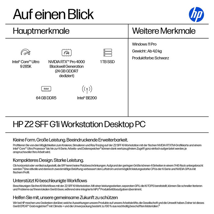 HP Workstation Z2 SFF G1i CU9-285K con Intel Core i9, 64GB RAM, 1TB SSD, NVIDIA RTX Pro 4000, Windows 11 Pro