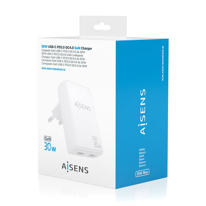 Aisens Cargador de Pared GaN 30W con 2xUSB-C Blanco