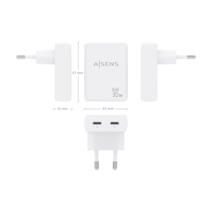 Aisens Cargador de Pared GaN 30W con 2xUSB-C Blanco