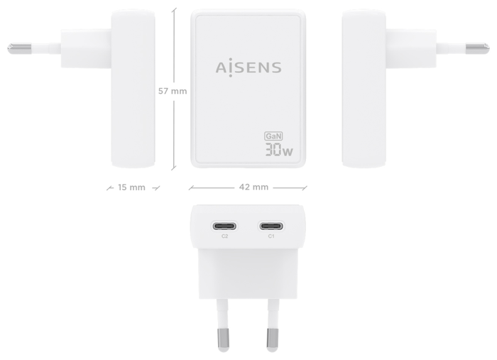 Aisens Cargador de Pared GaN 30W con 2xUSB-C Blanco