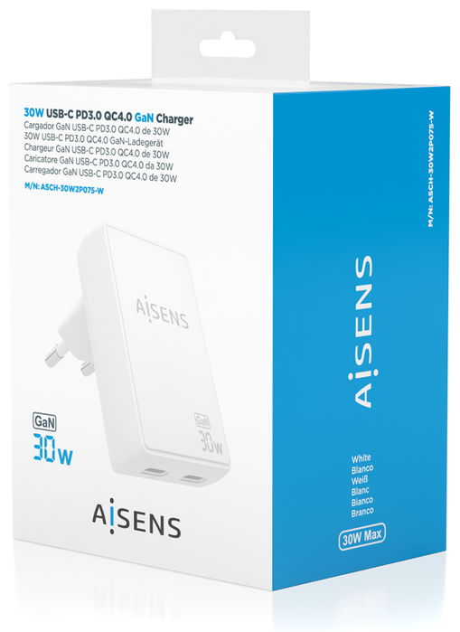 Aisens Cargador de Pared GaN 30W con 2xUSB-C Blanco