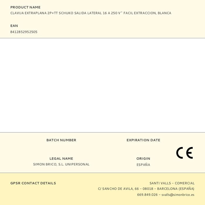 Simon Clavija Extraplana Schuko Salida Lateral 2p+tt Blanca 16A 250V~ Facil Extraccion