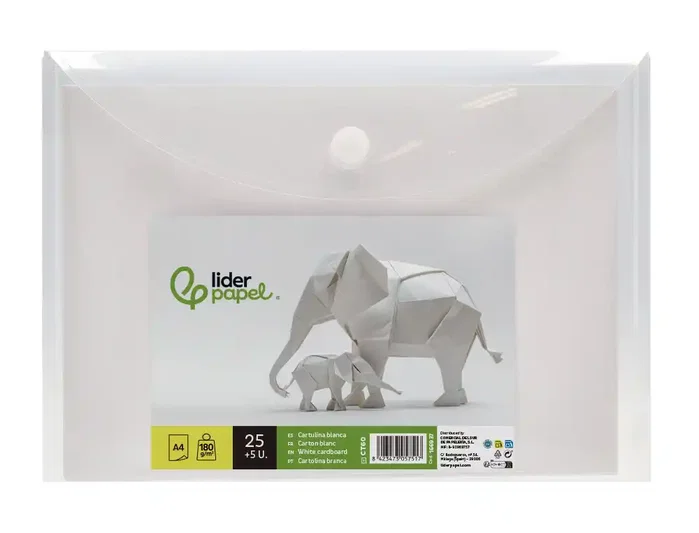 Liderpapel Cartulina Blanca A4 180g/m² - Paquete de 25+5 Hojas en Carpeta Dossier Transparente con Cierre de Velcro